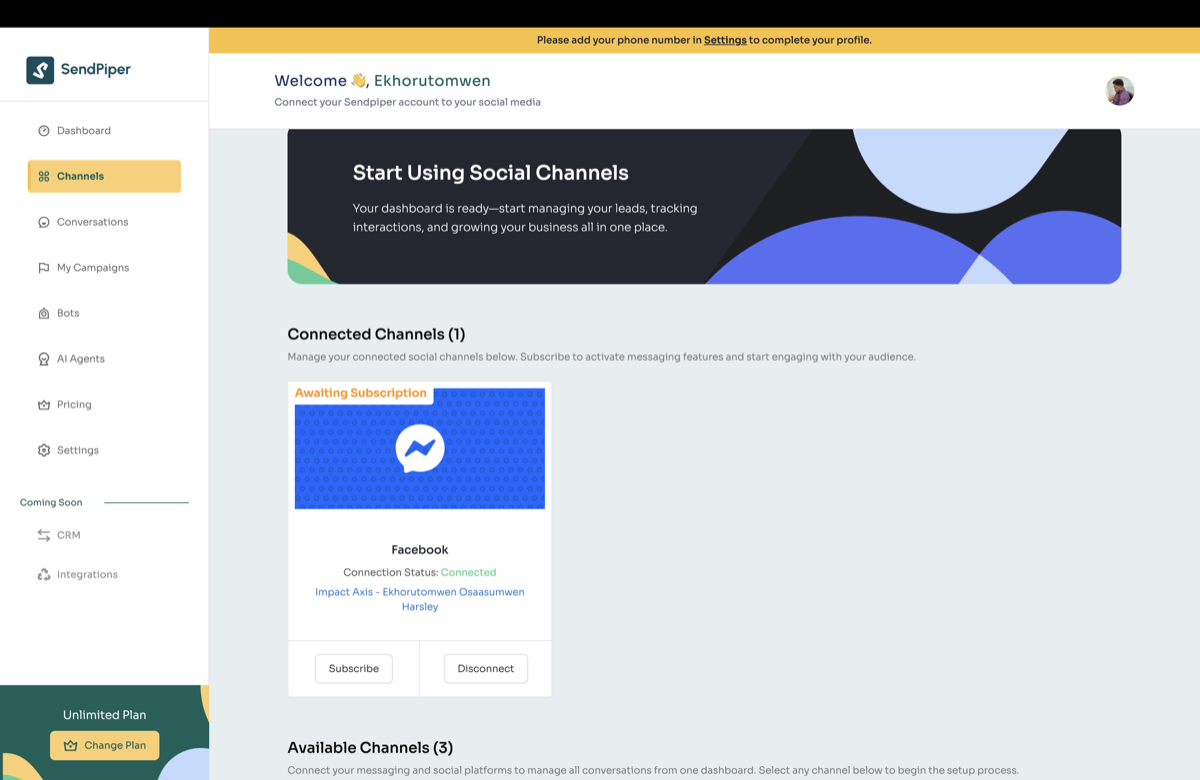 Facebook Page showing Awaiting Subscription status in Sendpiper