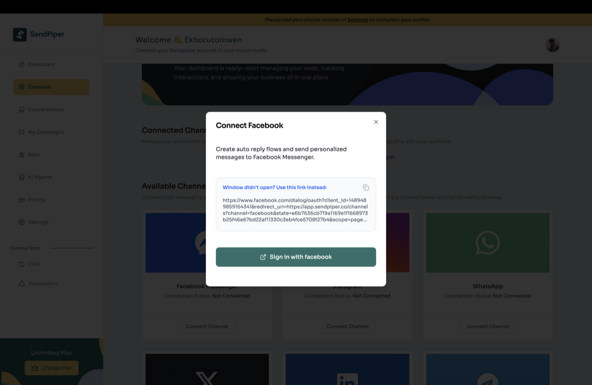 Connect Facebook modal in Sendpiper