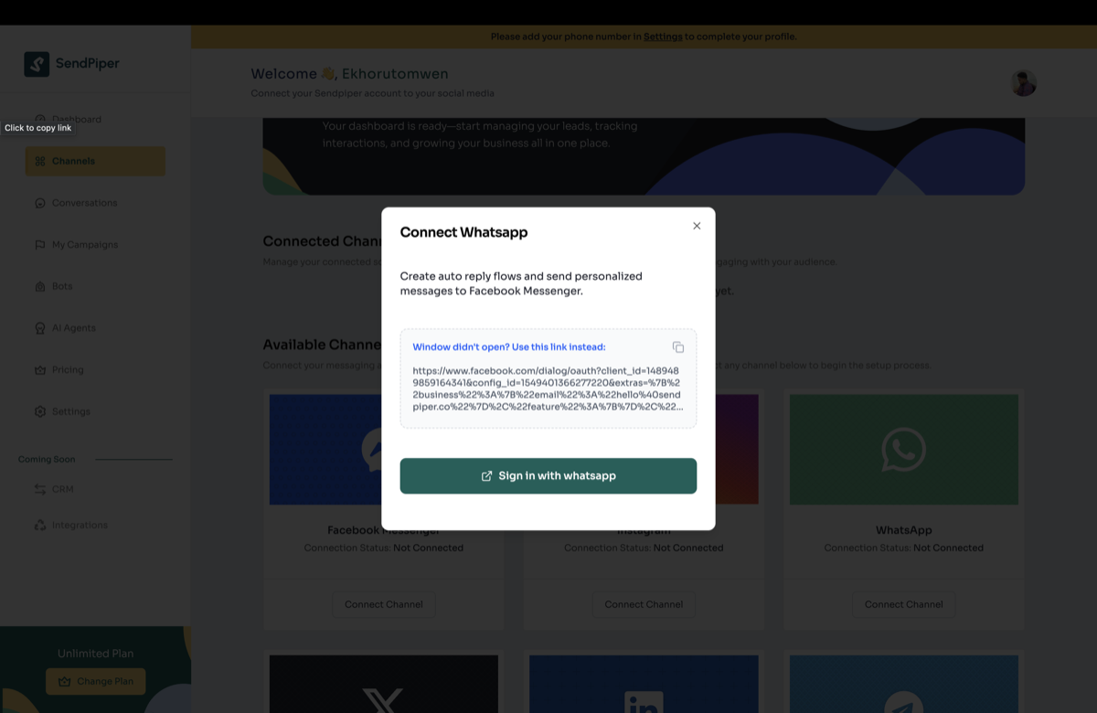 Connect WhatsApp modal in Sendpiper
