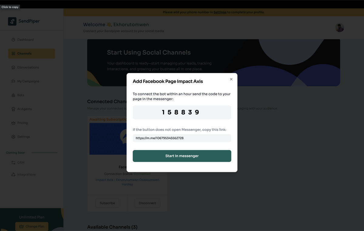 One-time code to confirm a Facebook Page in Sendpiper